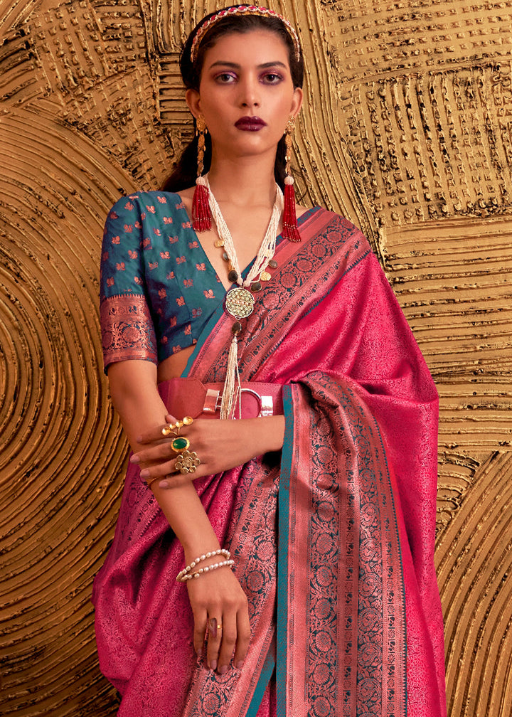 Hot Pink Handloom Woven Designer Silk Saree