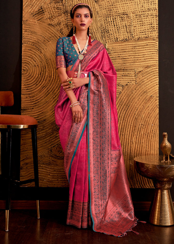 Hot Pink Handloom Woven Designer Silk Saree