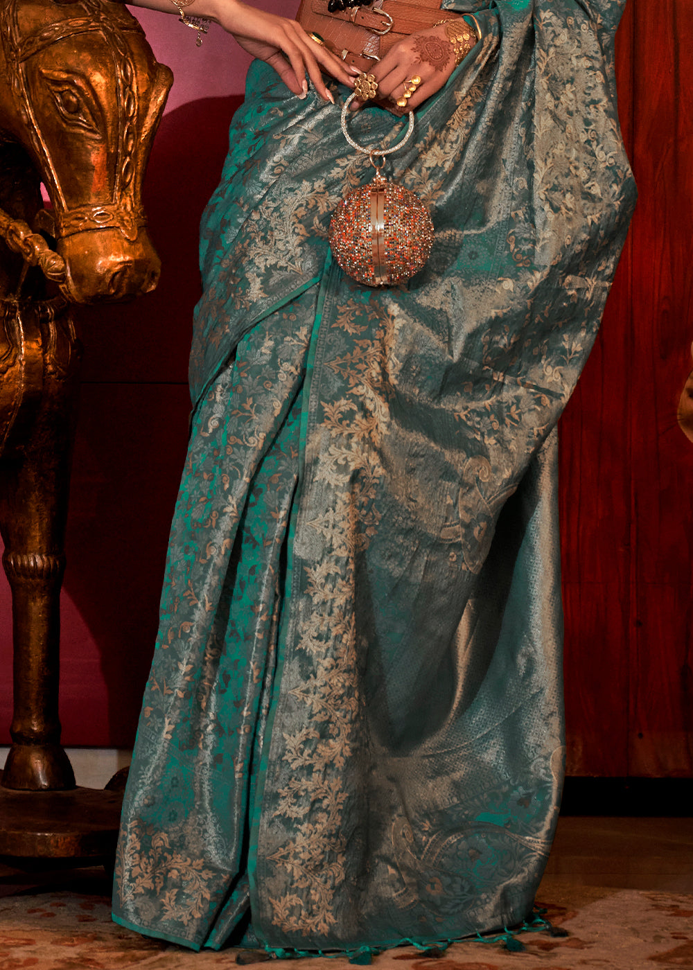 Teal Green Zari Woven Banarasi Brocade Silk Saree