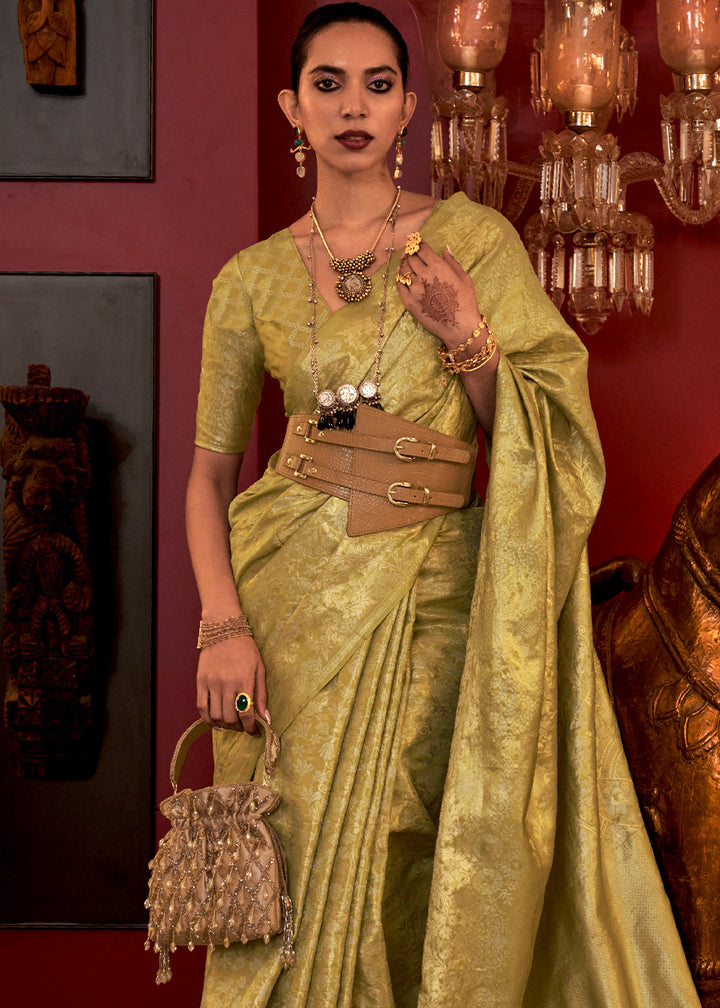 Avocado Green Zari Woven Banarasi Brocade Silk Saree