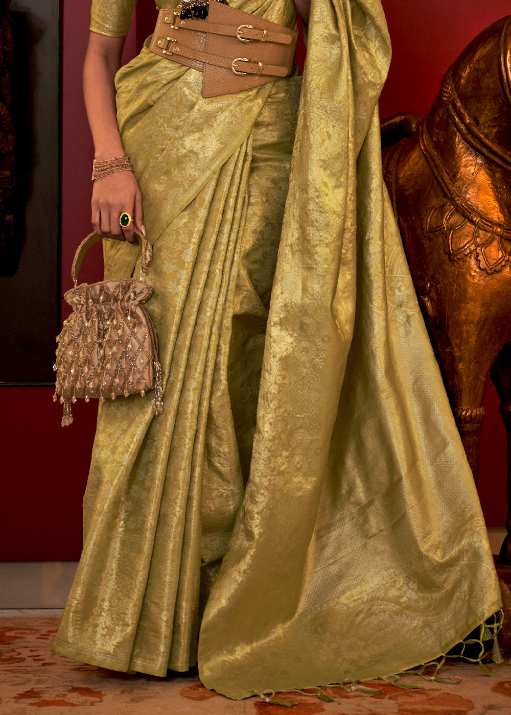 Avocado Green Zari Woven Banarasi Brocade Silk Saree