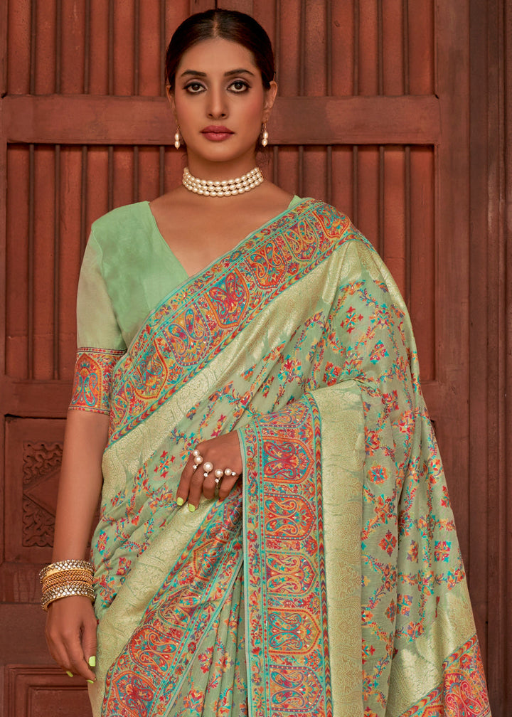 Pastel Green Banarasi Kora Silk Saree with Pashmina Weaving & Zari Border Pallu