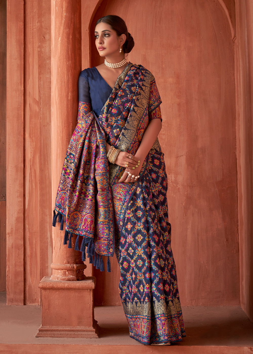 Navy Blue Banarasi Kora Silk Saree with Pashmina Weaving & Zari Border Pallu