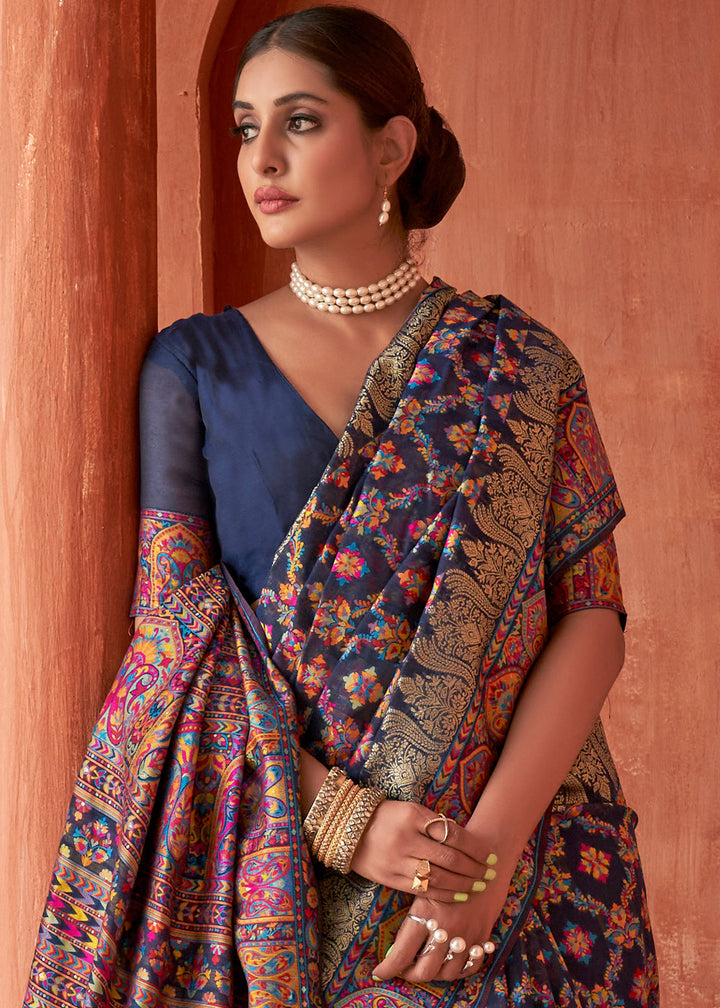 Navy Blue Banarasi Kora Silk Saree with Pashmina Weaving & Zari Border Pallu