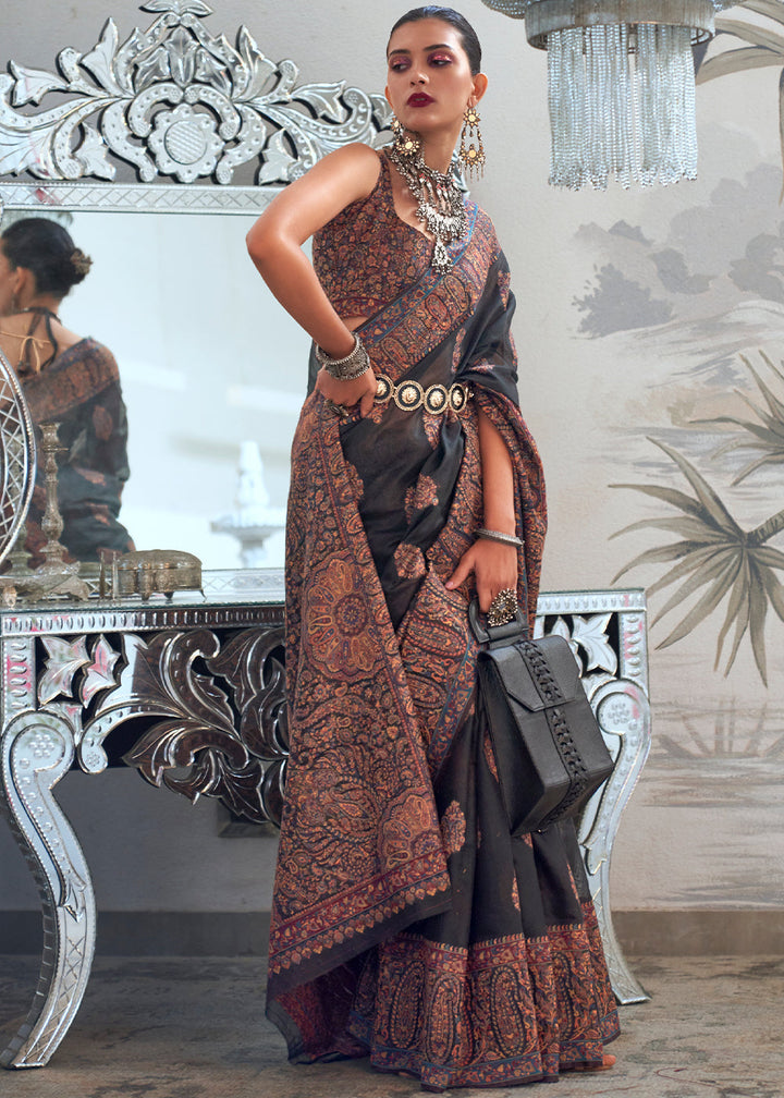 Midnight Black Kashmiri Handloom Weaving Silk Saree