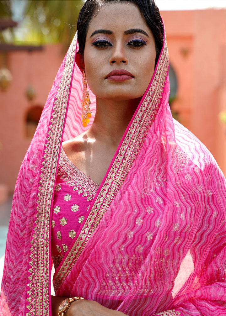 Fuchsia Pink Leheriya Organza Saree with Embroidered Blouse