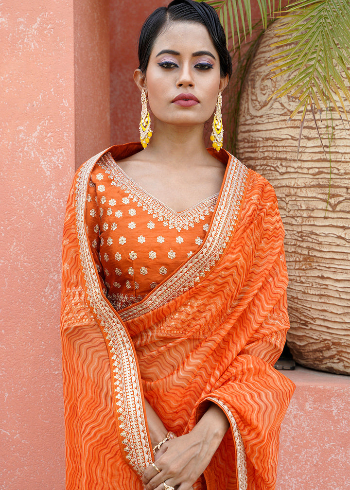 Papaya Orange Leheriya Organza Saree with Embroidered Blouse