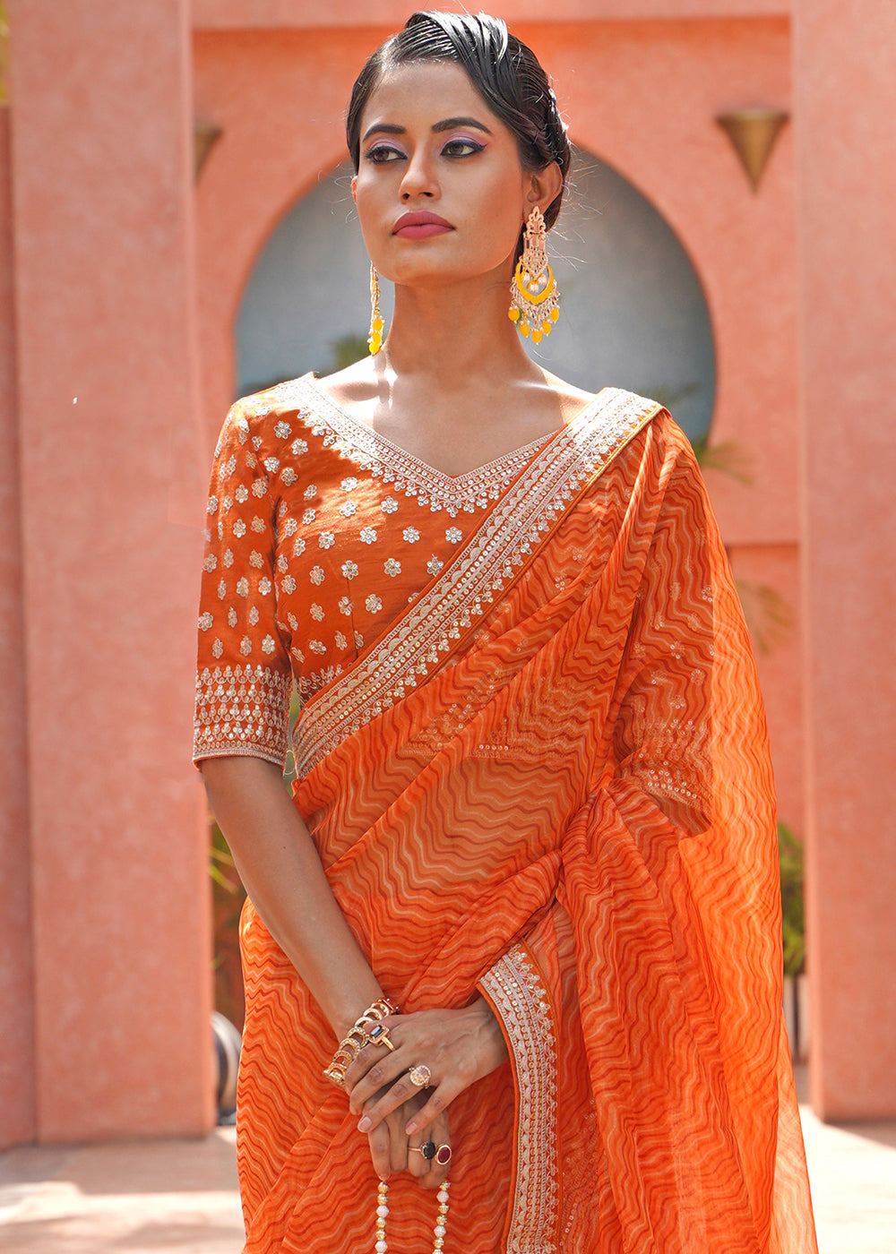 Papaya Orange Leheriya Organza Saree with Embroidered Blouse