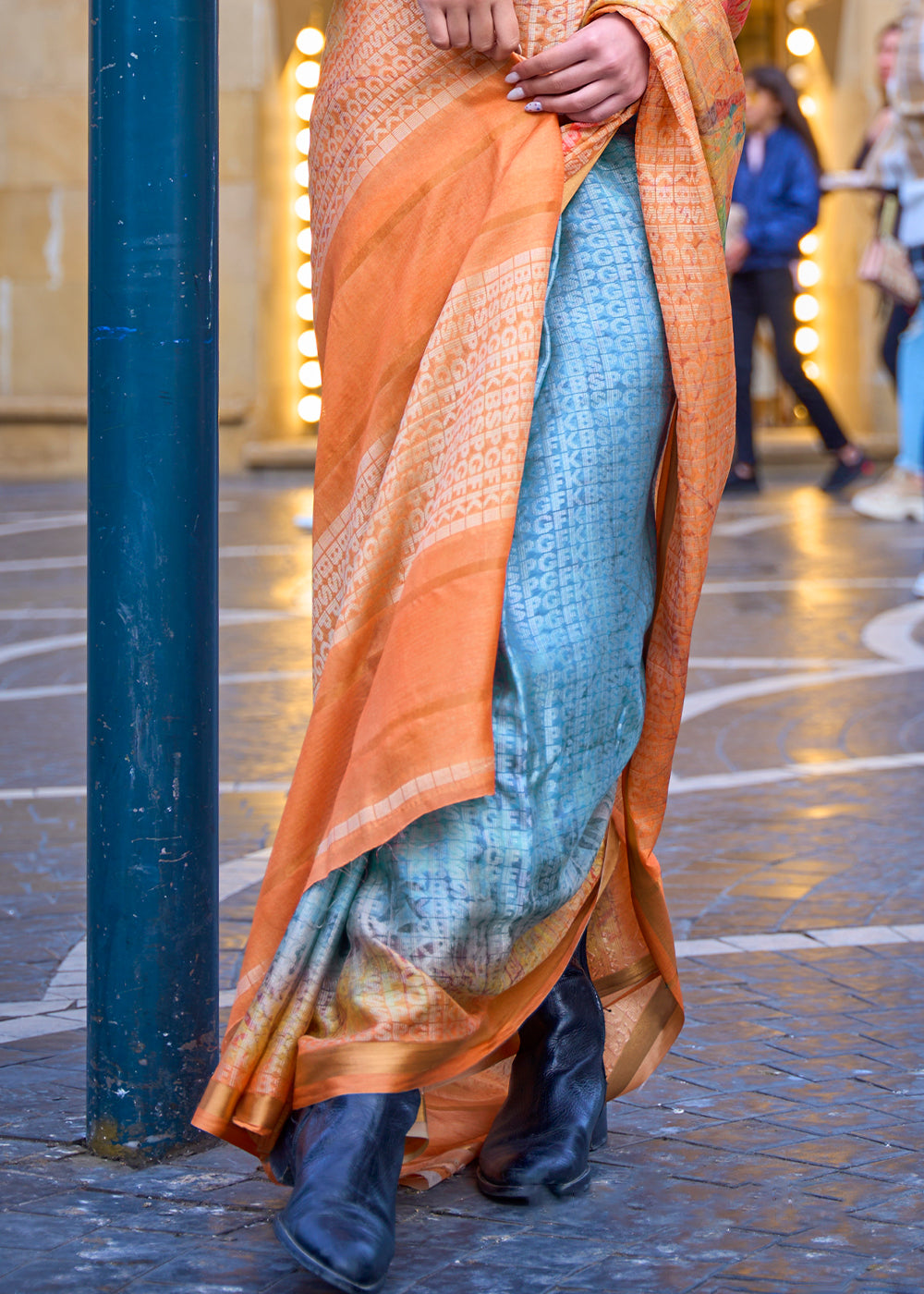 Blue & Orange Digital Printed Poly Viscose Saree