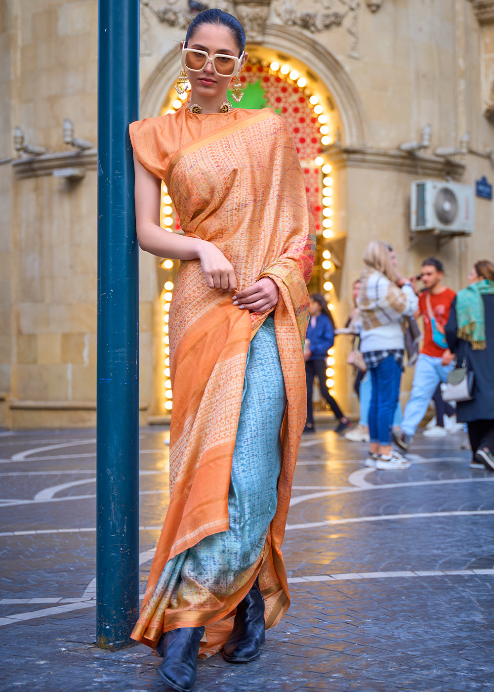 Blue & Orange Digital Printed Poly Viscose Saree