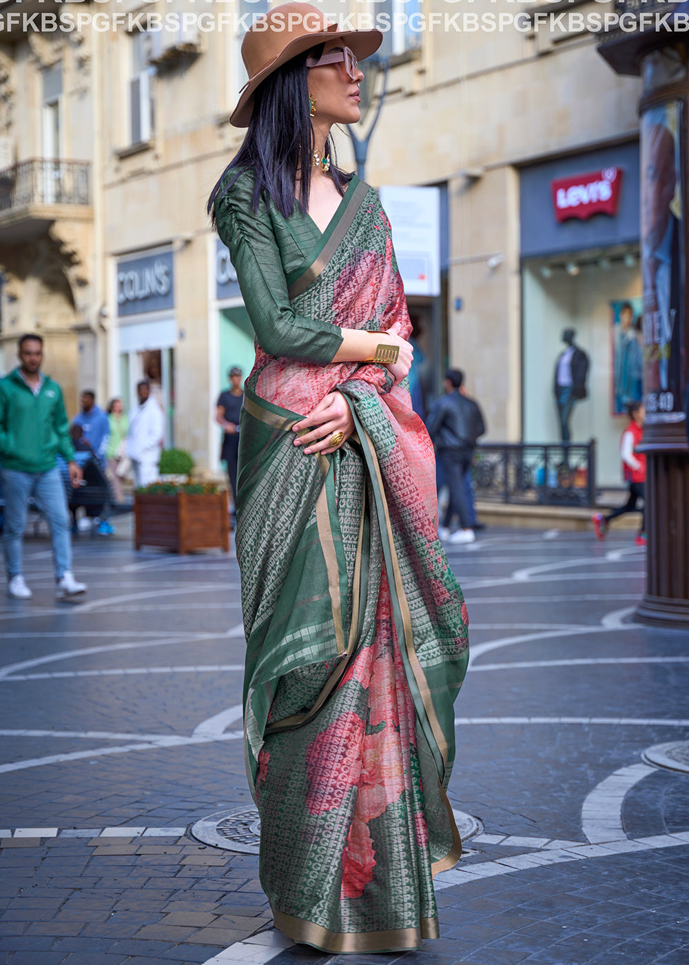 Capri Green Digital Printed Poly Viscose Saree