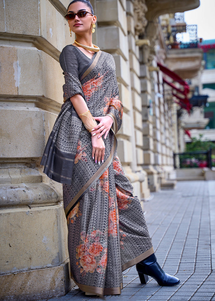 Slate Grey Digital Printed Poly Viscose Saree