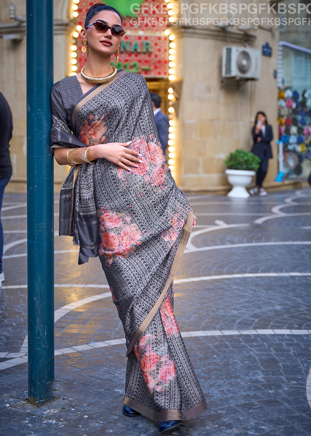 Slate Grey Digital Printed Poly Viscose Saree