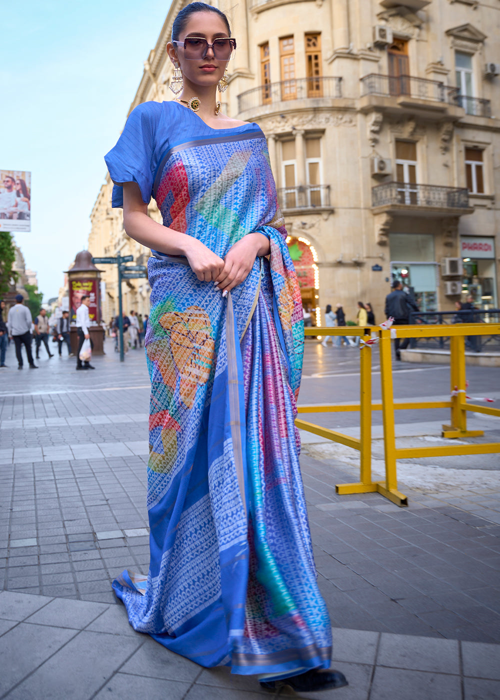 Shades Of Blue Digital Printed Poly Viscose Saree