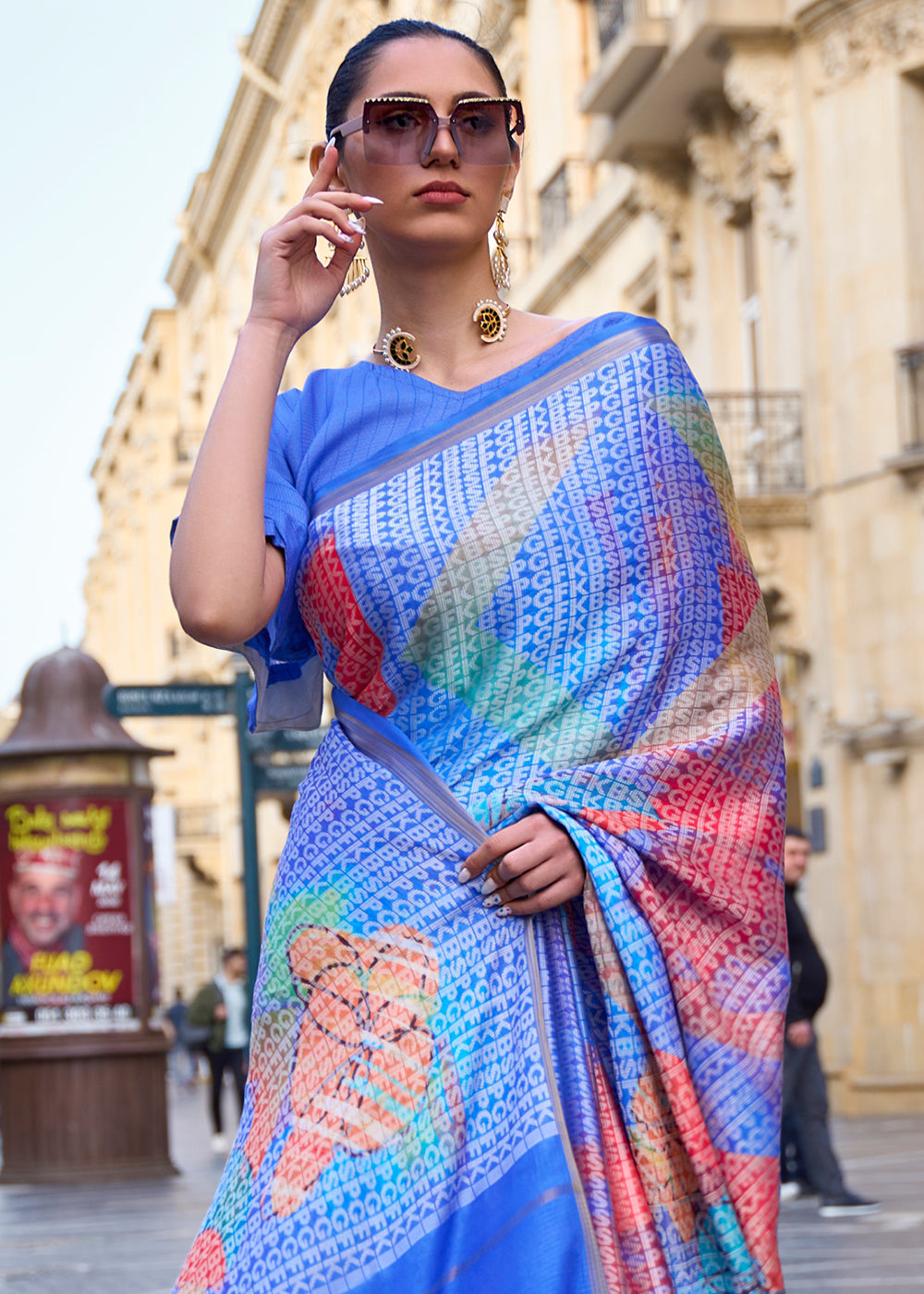 Shades Of Blue Digital Printed Poly Viscose Saree