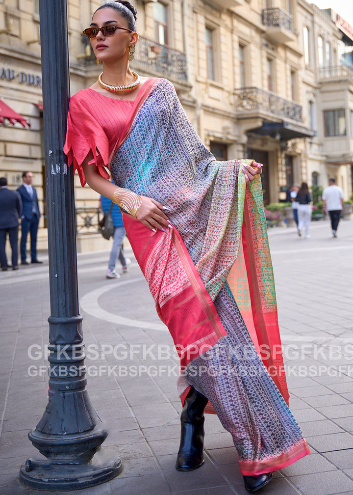 Pink & Blue Digital Printed Poly Viscose Saree