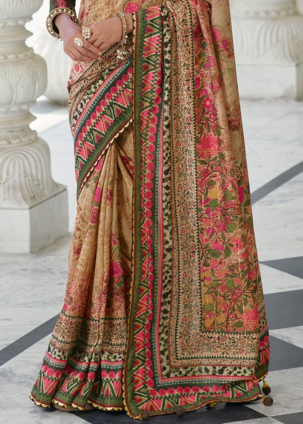 Beige Brown Floral Digital Print Silk Saree