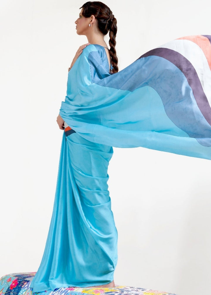 Baby Blue Digital Printed Satin Crepe Saree