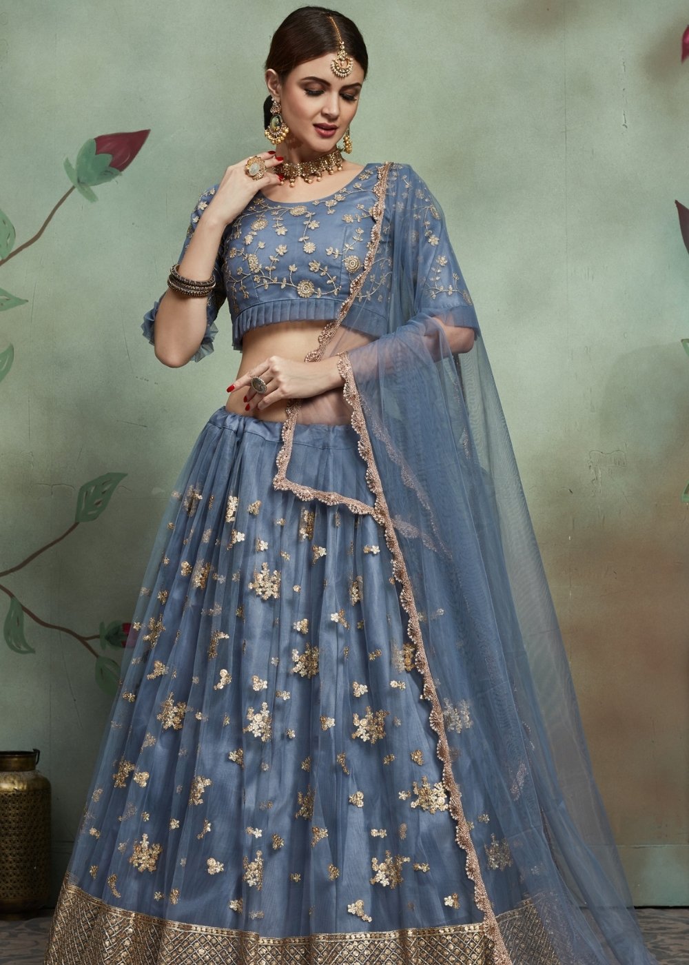 Pewter Grey Designer Soft Net Lehenga Choli with Sequins & Zari work