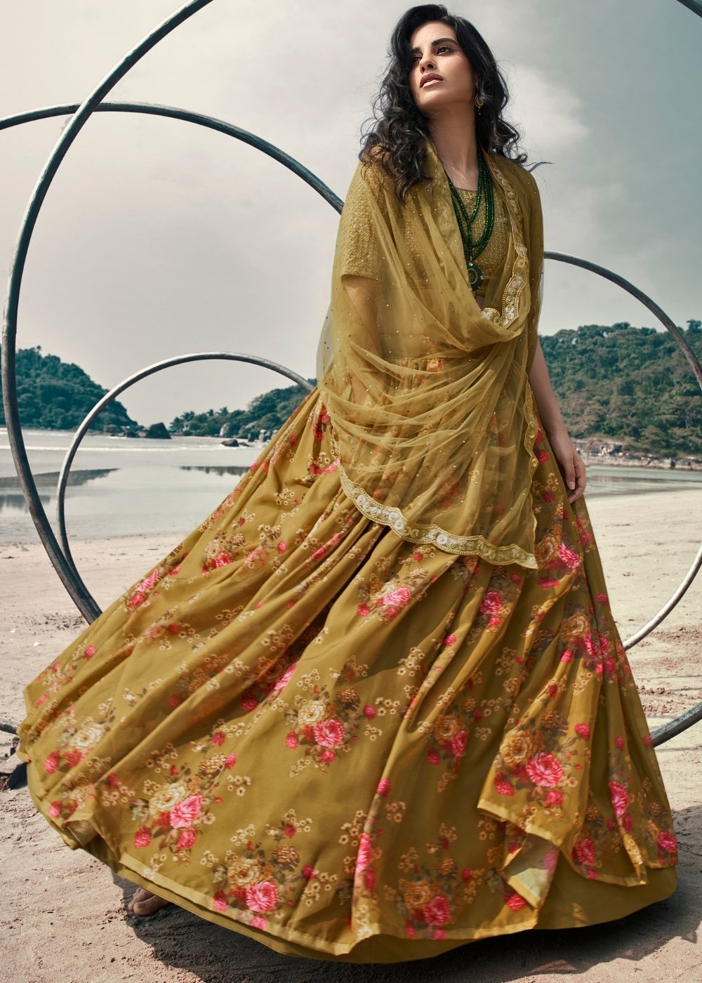 Avocado Green Designer Printed Organza Lehenga with Soft Net Dupatta