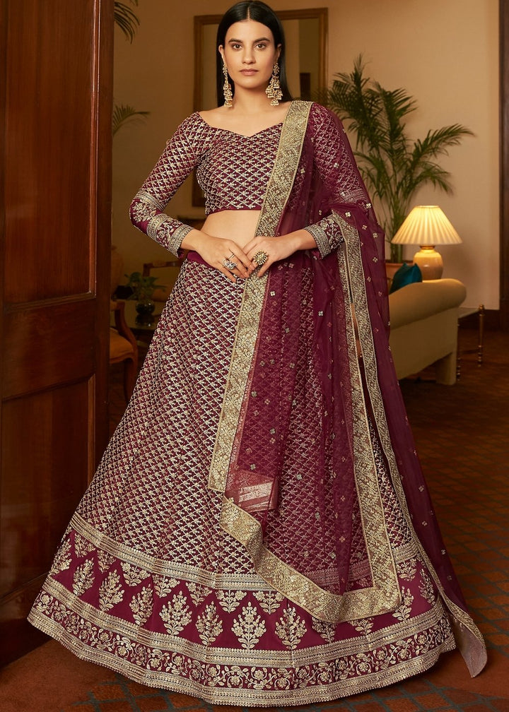 Maroon Red Crepe Lehenga Choli with Dori & Sequins work