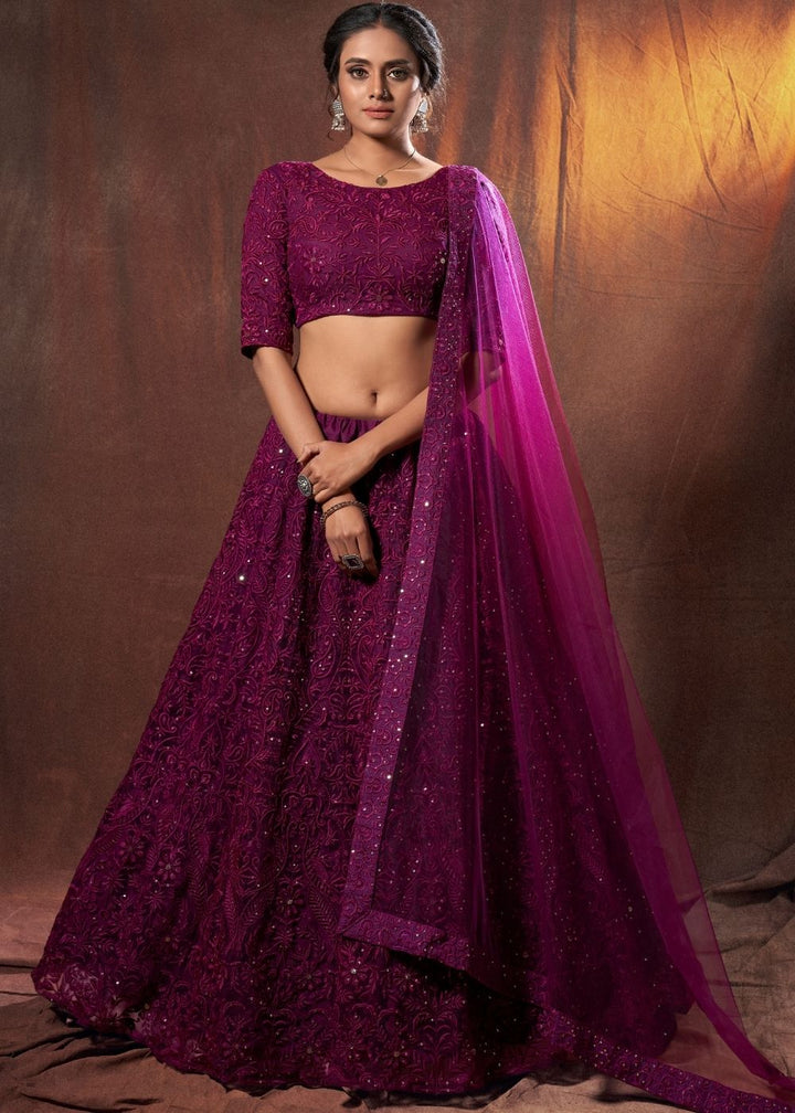 Wine Purple Designer Soft Net Lehenga Choli with Thread & Sequins work