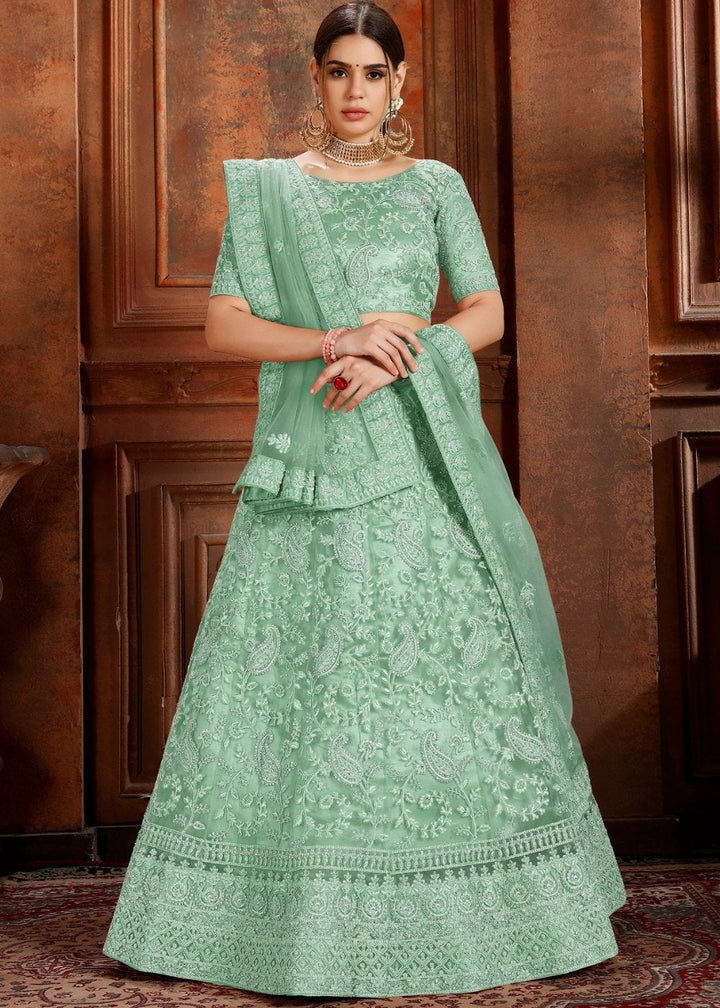 Pista Green Soft Net Lehenga Choli with Thread, Zarkan & Pearl work