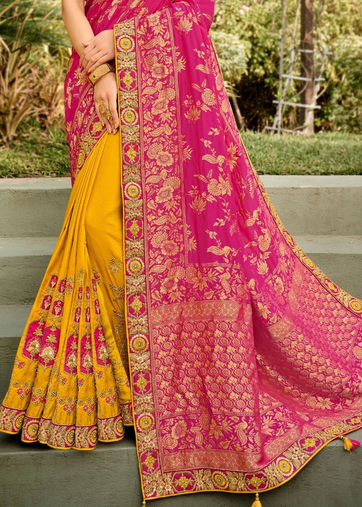 Yellow and Pink Half N Half Silk Saree with Embroidered work