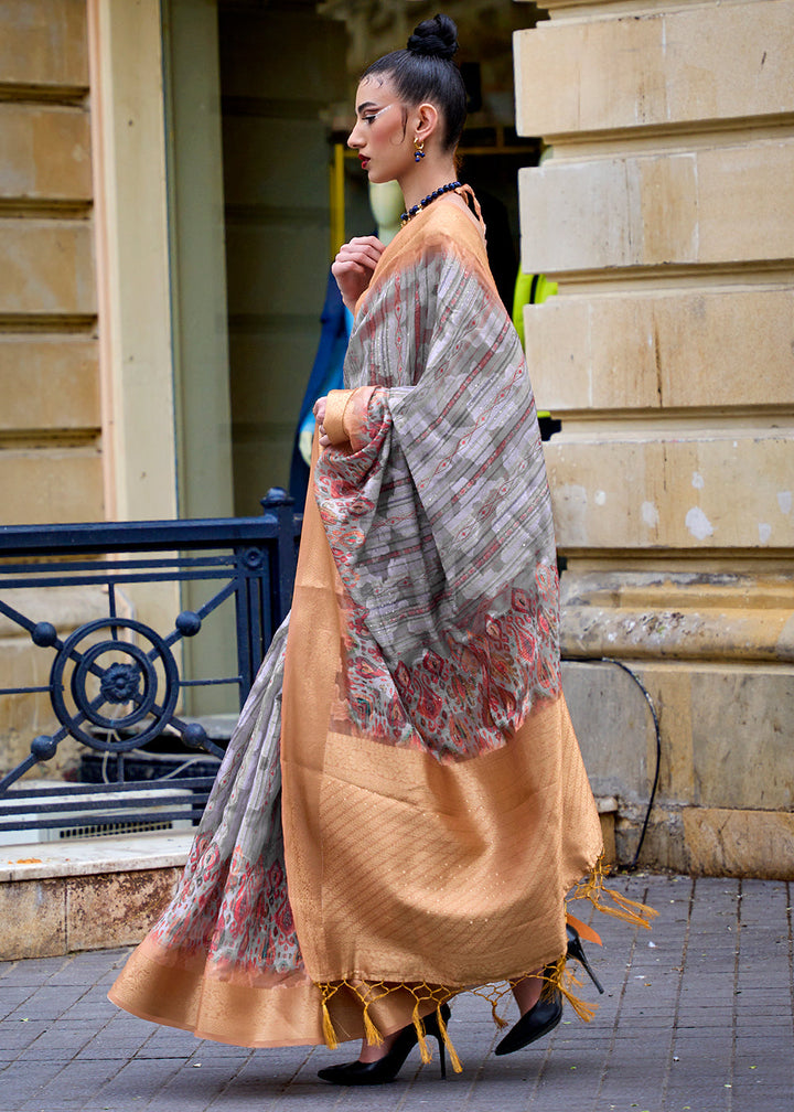 Grey & Orange Printed Soft Silk Saree