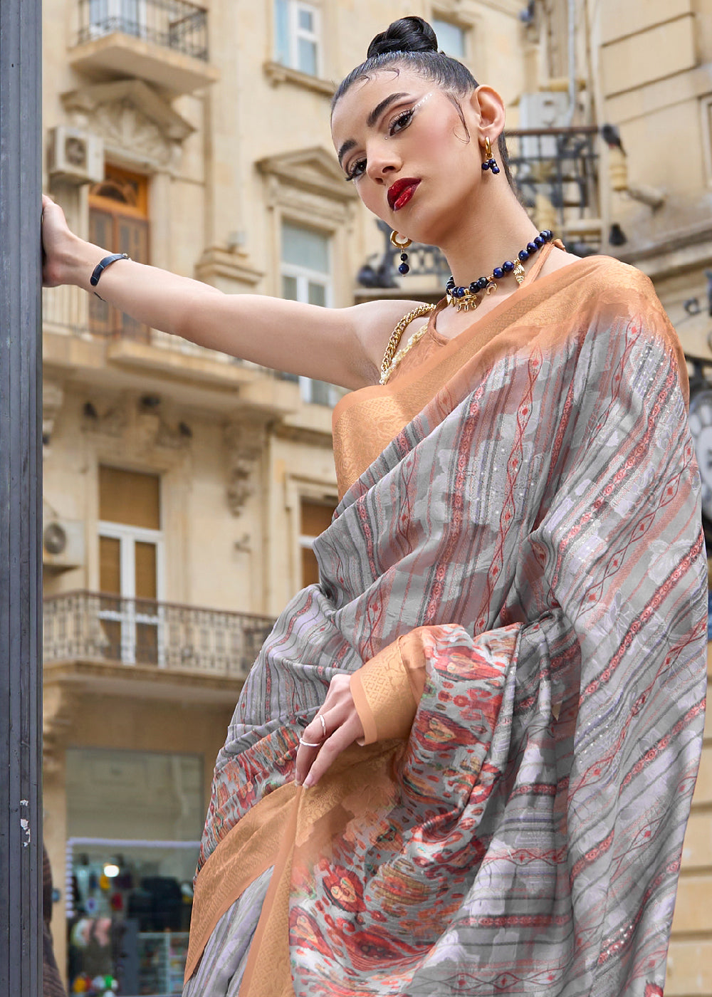 Grey & Orange Printed Soft Silk Saree