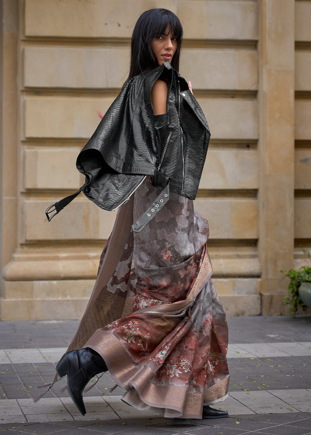 Fossil Grey Printed Soft Silk Saree