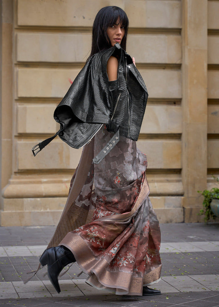 Fossil Grey Printed Soft Silk Saree