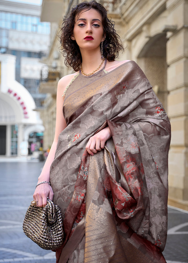 Fossil Grey Printed Soft Silk Saree