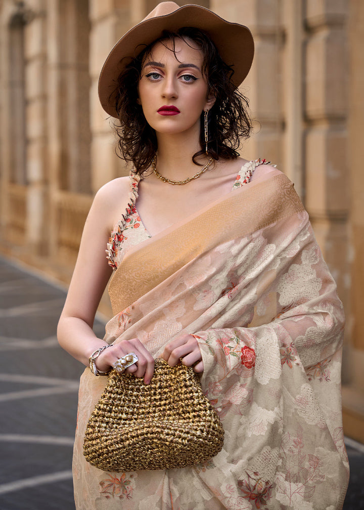 Cream Beige Printed Soft Silk Saree