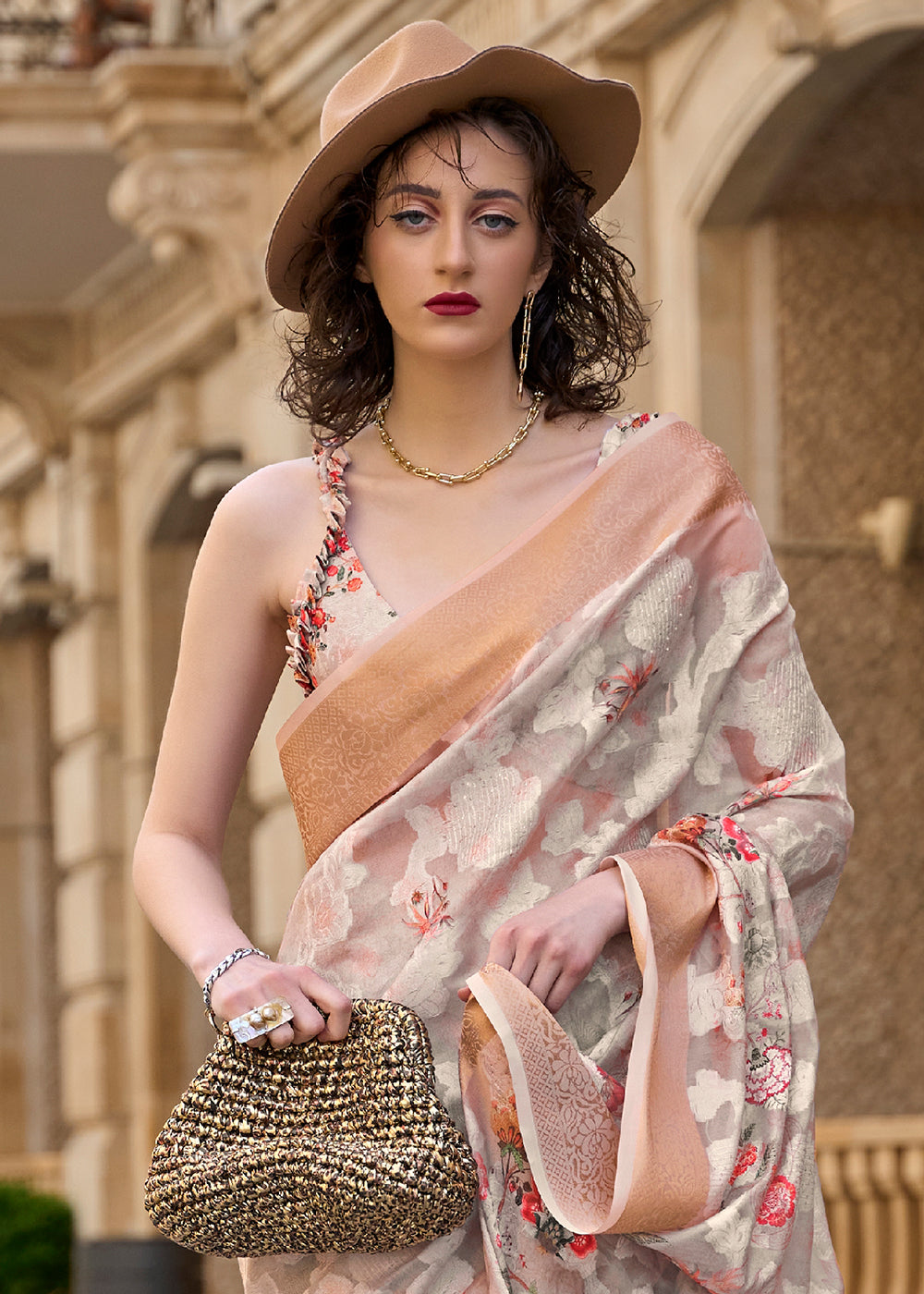 Cream Beige Printed Soft Silk Saree