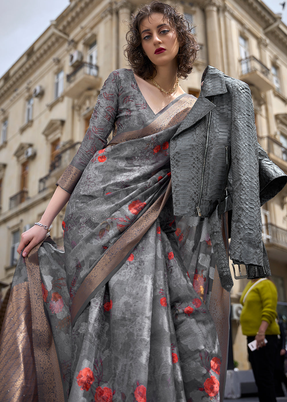 Steel Grey Printed Soft Silk Saree