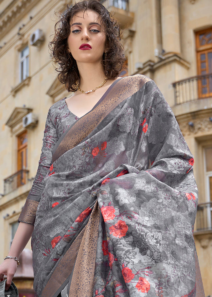 Steel Grey Printed Soft Silk Saree