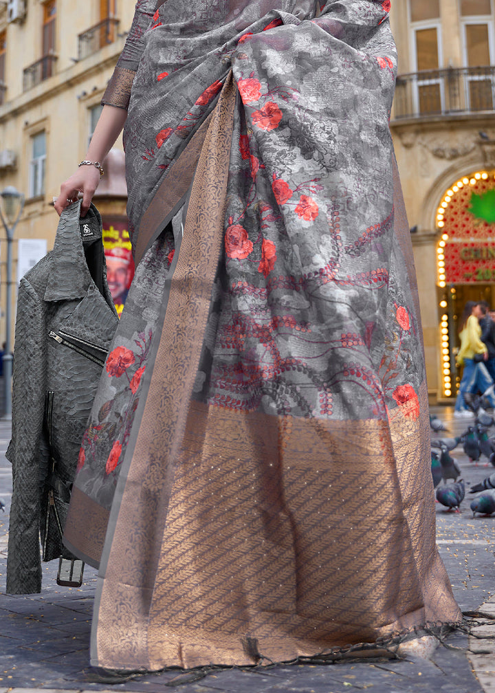 Steel Grey Printed Soft Silk Saree