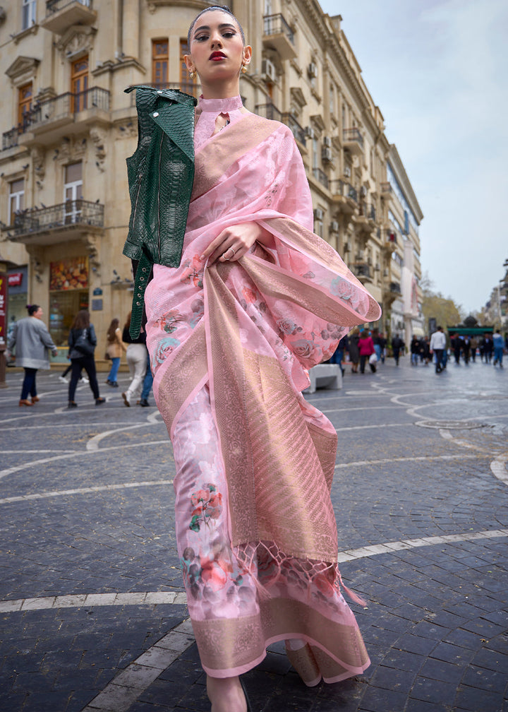 Flamingo Pink Printed Soft Silk Saree