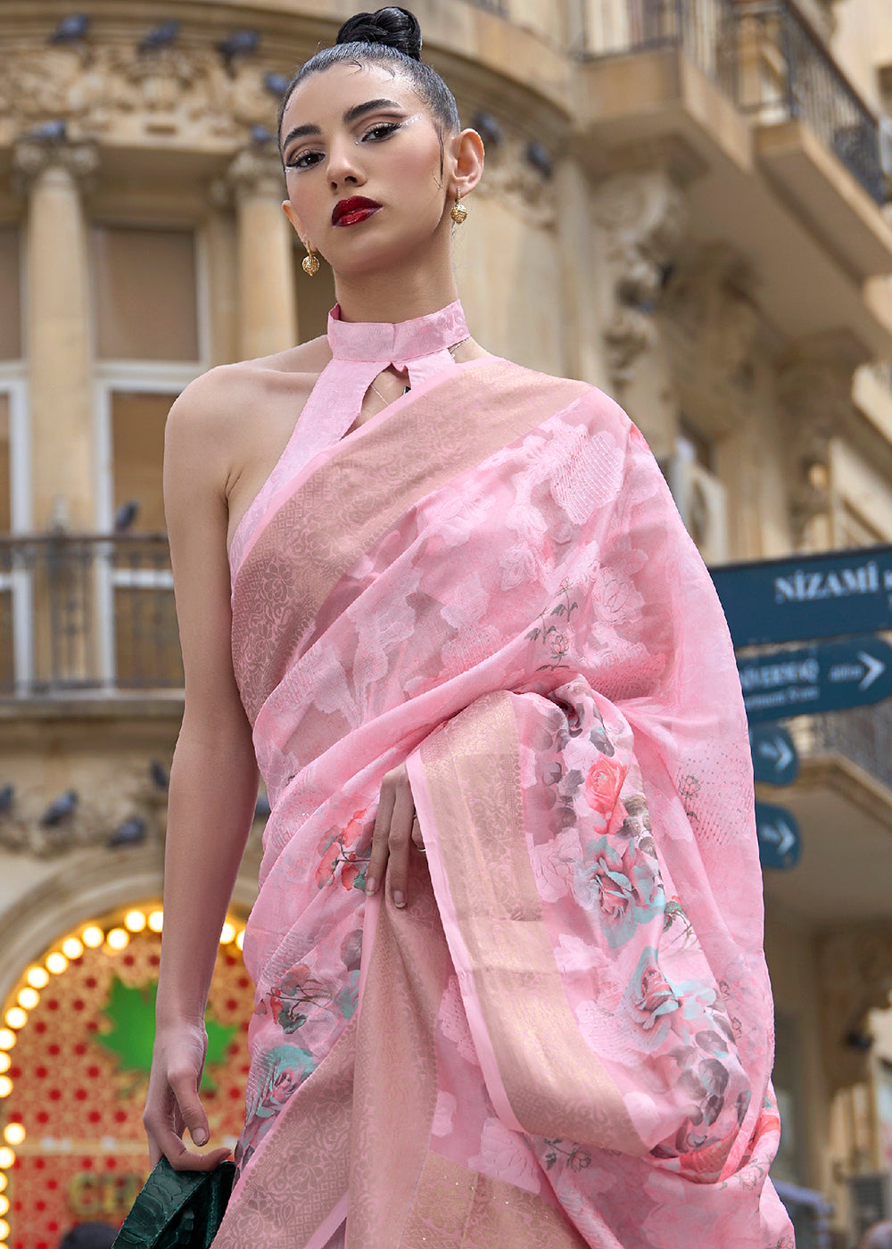 Flamingo Pink Printed Soft Silk Saree