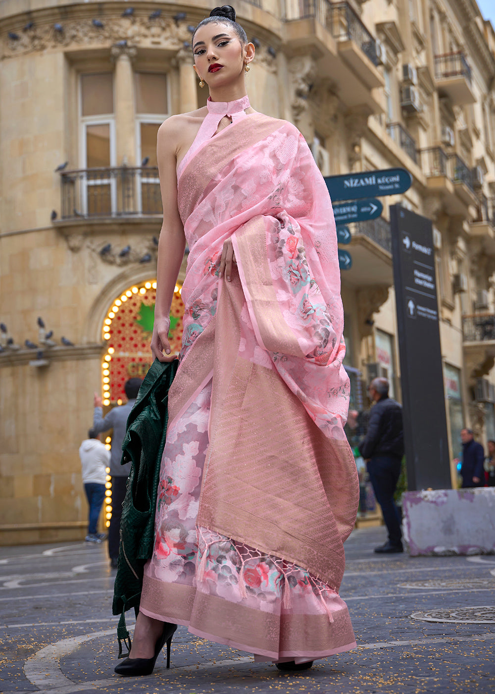 Flamingo Pink Printed Soft Silk Saree