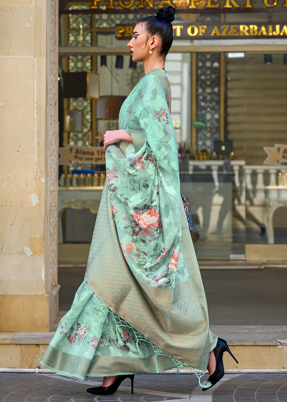 Tea Green Printed Soft Silk Saree