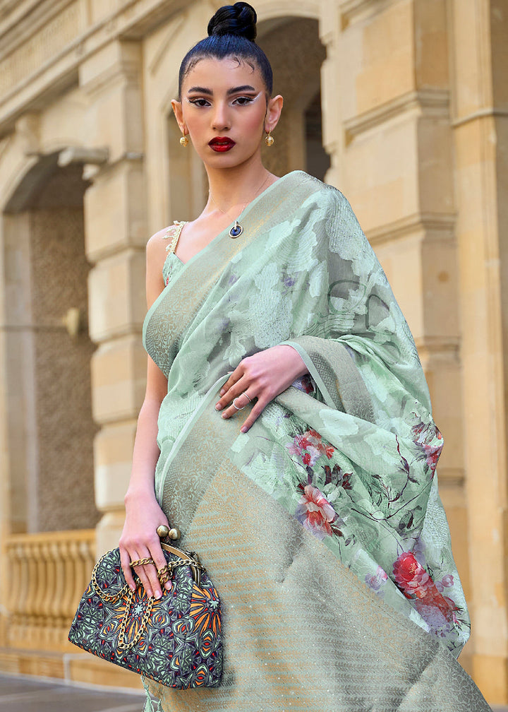 Tea Green Printed Soft Silk Saree