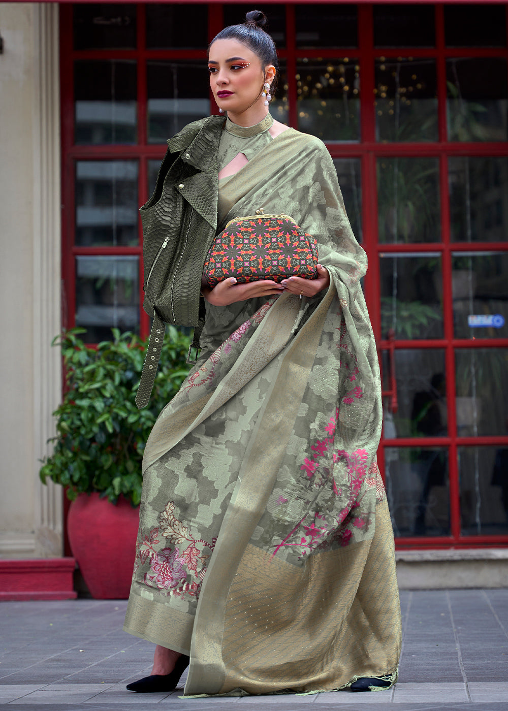 Sage Green Printed Soft Silk Saree