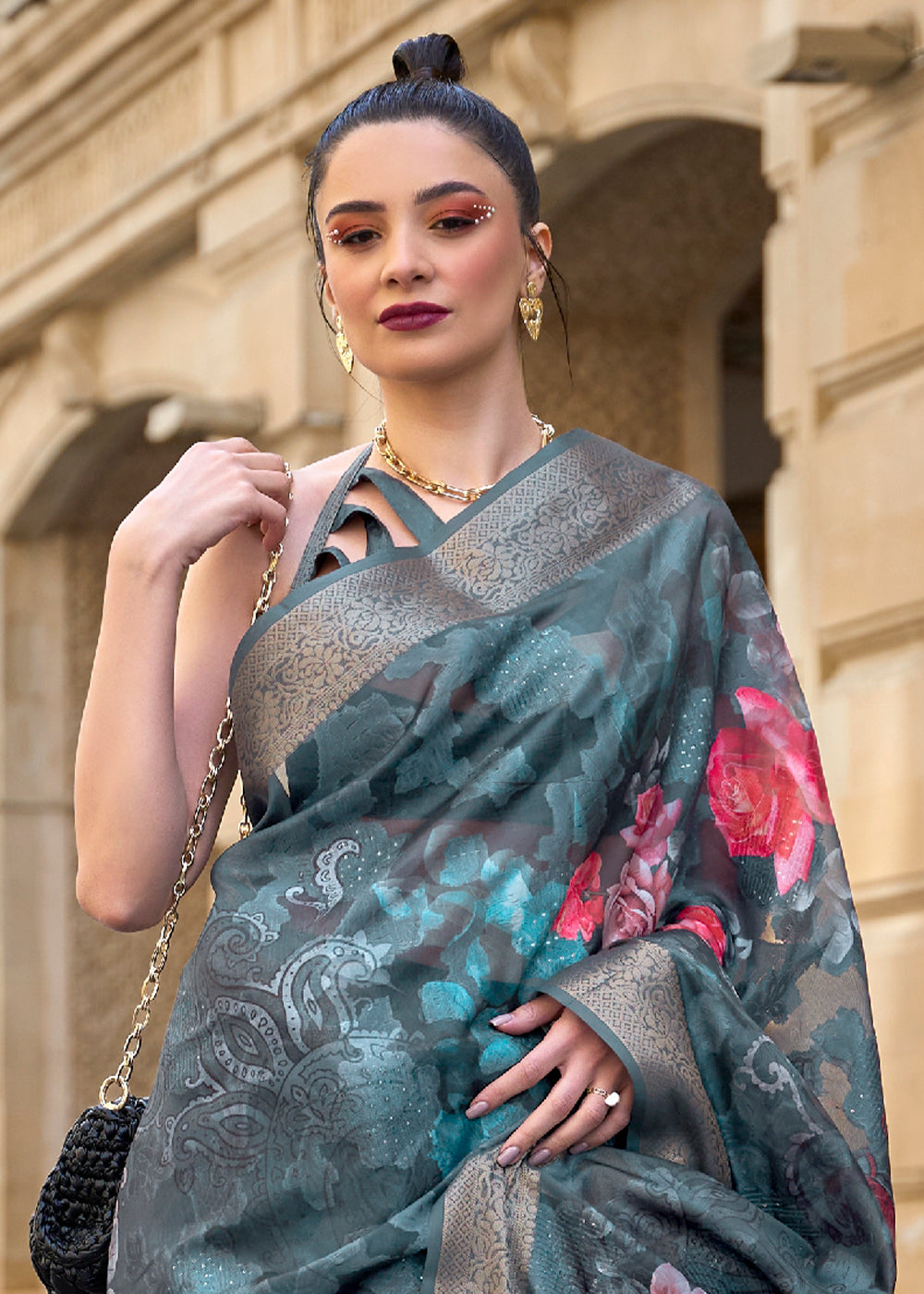 Dark Blue Printed Soft Silk Saree