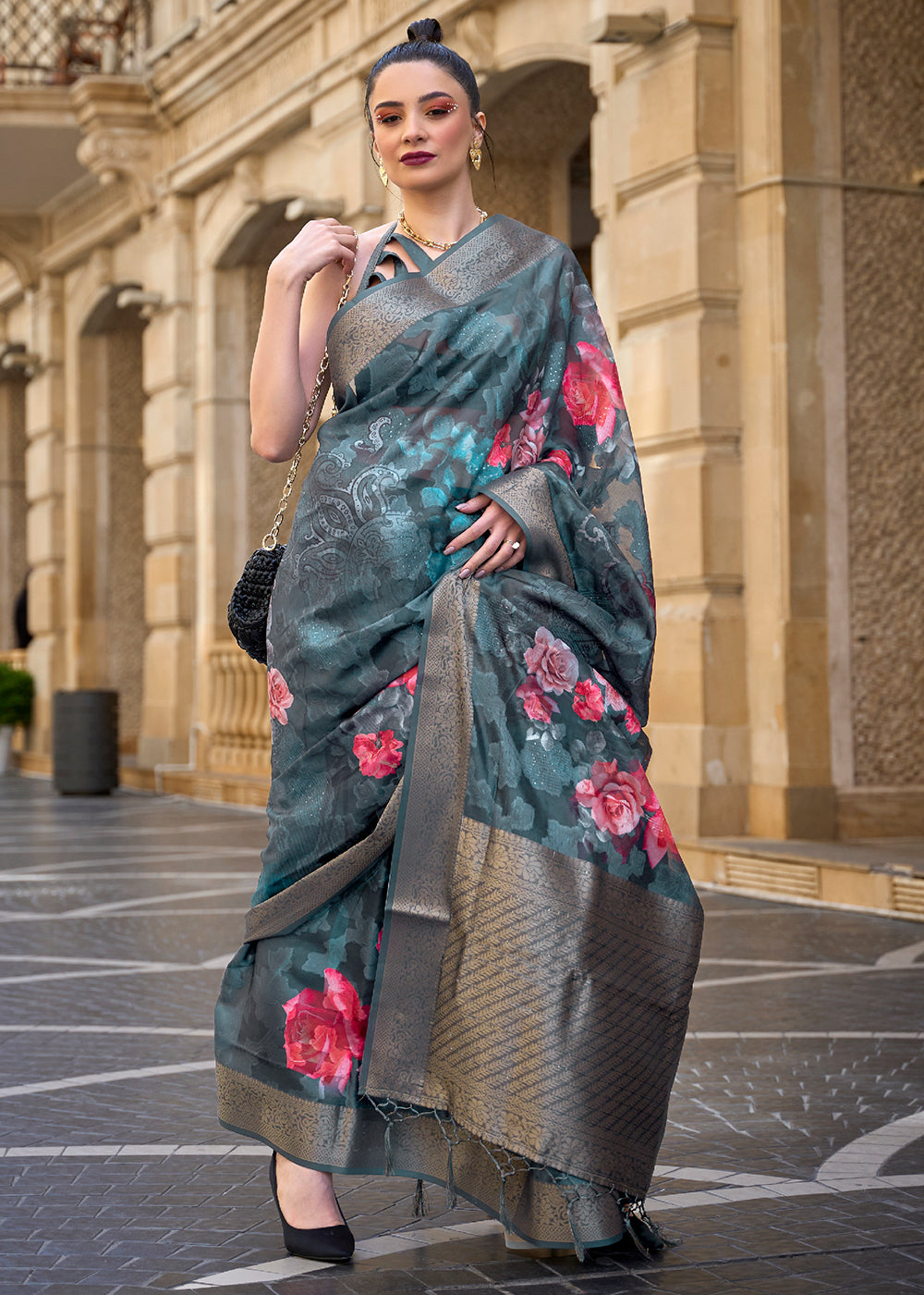 Dark Blue Printed Soft Silk Saree