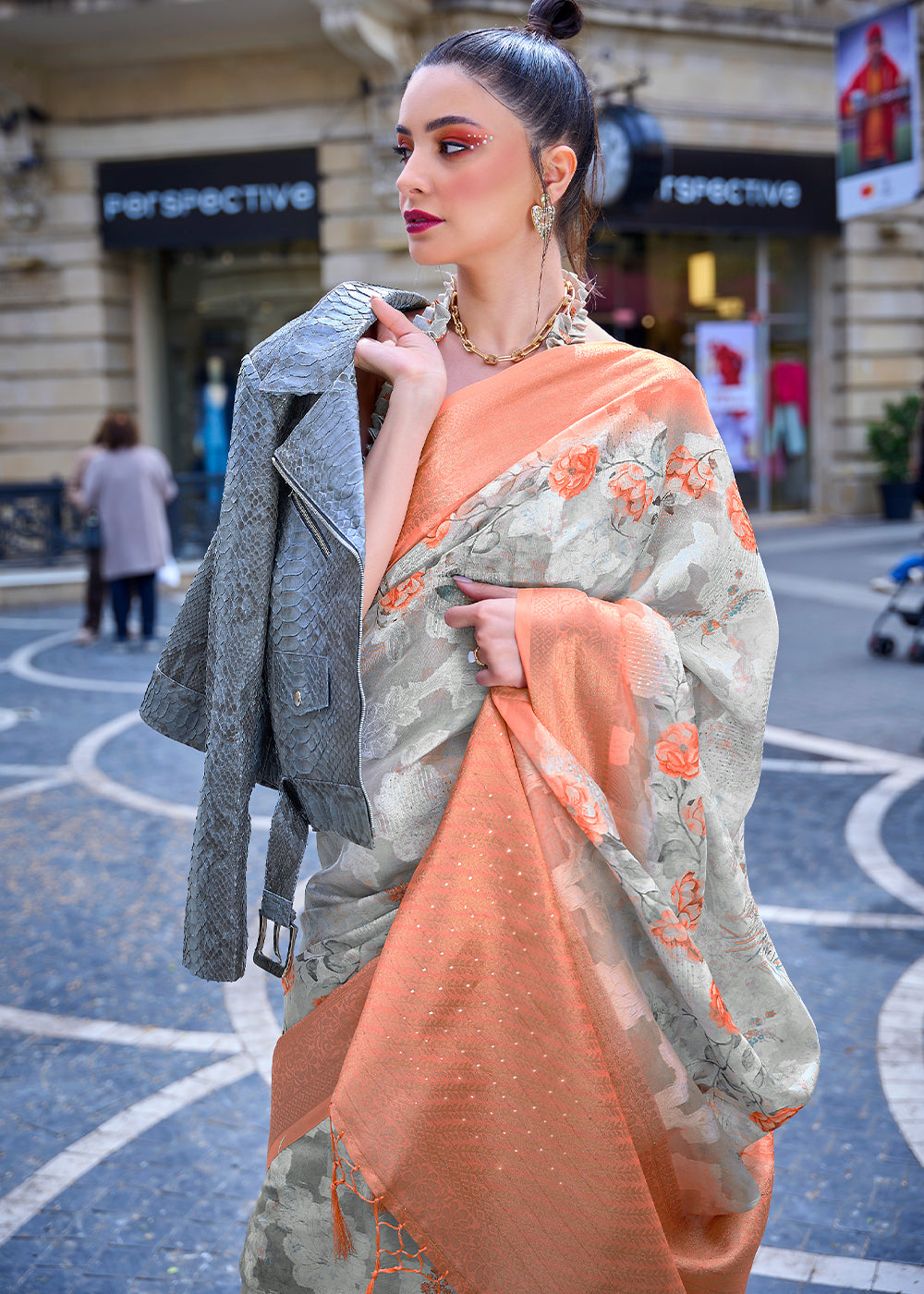 White & Orange Printed Soft Silk Saree