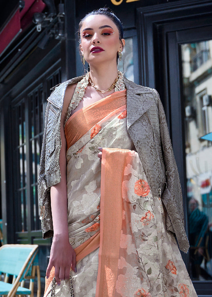 White & Orange Printed Soft Silk Saree