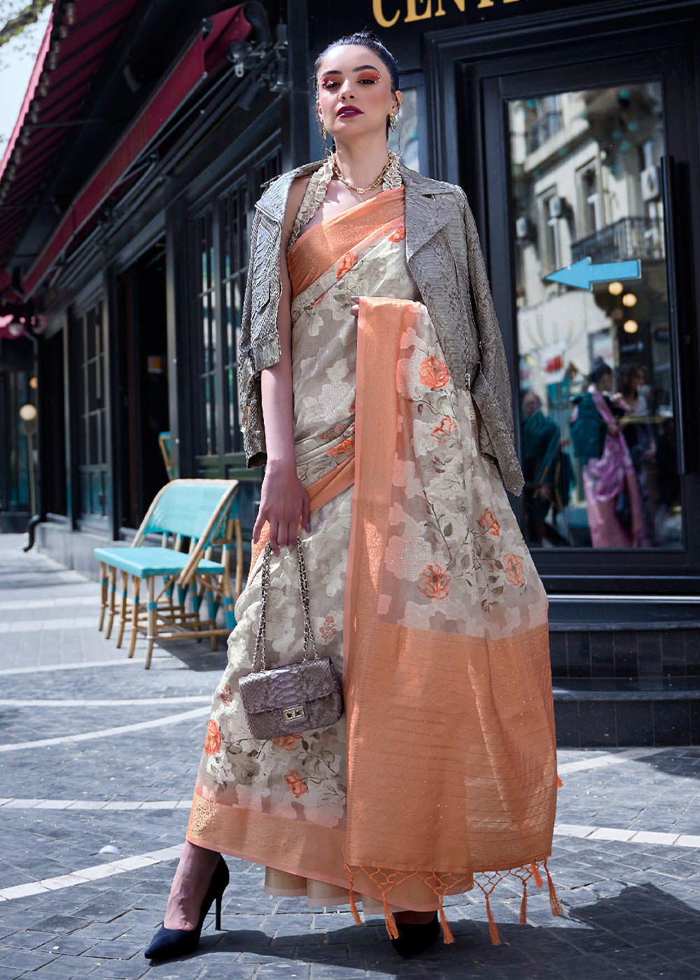 White & Orange Printed Soft Silk Saree