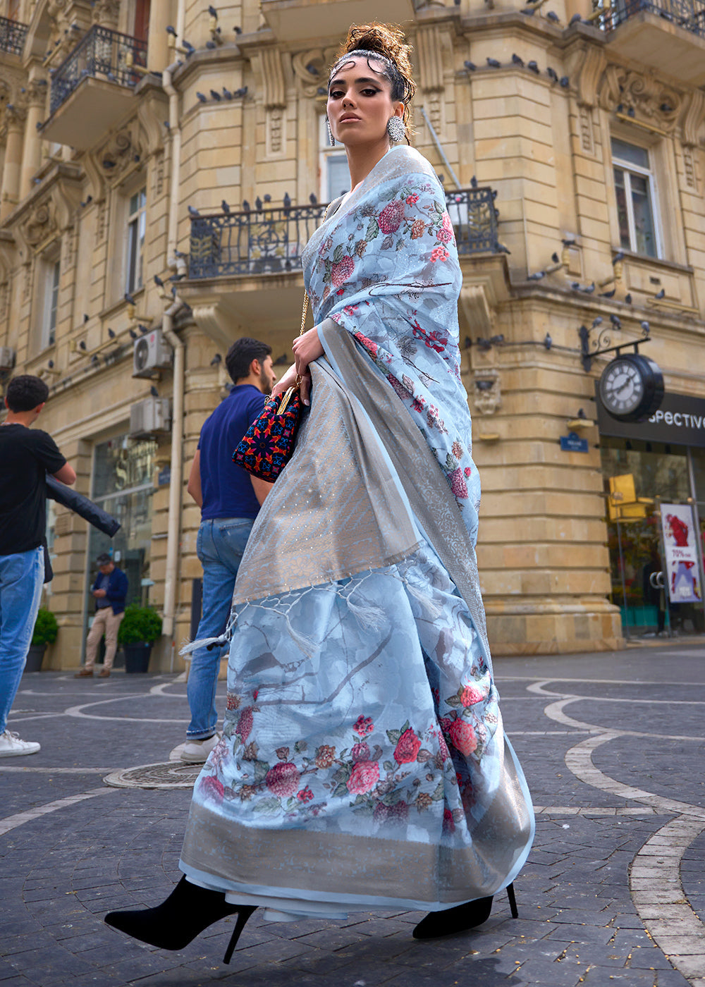 Sky Blue Printed Soft Silk Saree